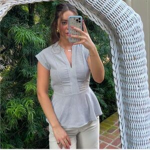 Monteau Los Angeles Women’s Grey and White Striped Peplum V neck Top size S